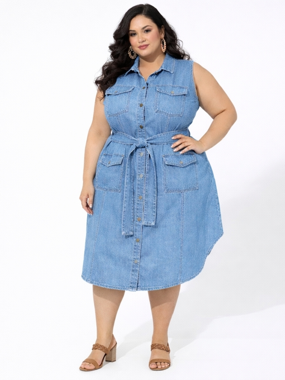 Chic NWT Medium Wash Denim Sleeveless Midi Utility Shirtdress Size 20 - Picture 3 of 5